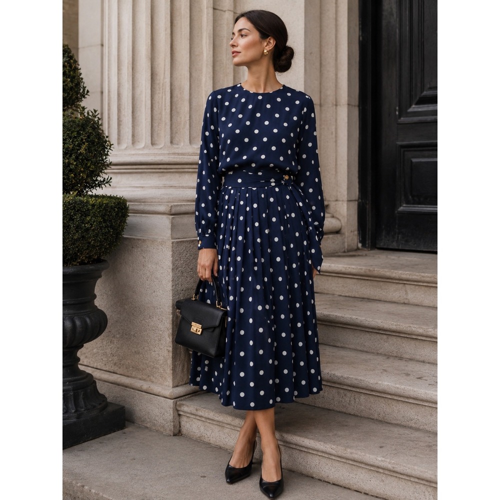 Vintage Chaus Navy Blue Polka Dot Skirt Set 2 Piece Blouse Midi Skirt Women 16 - Picture 1 of 7